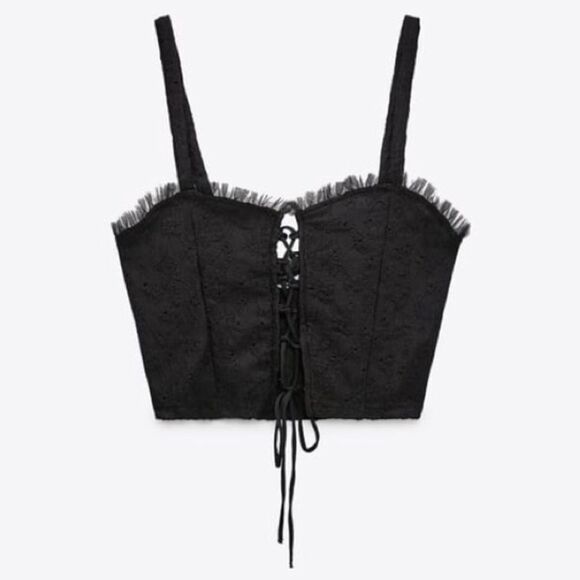 Zara Tulle Lace Up Black Crop Tank Top - Picture 1 of 6